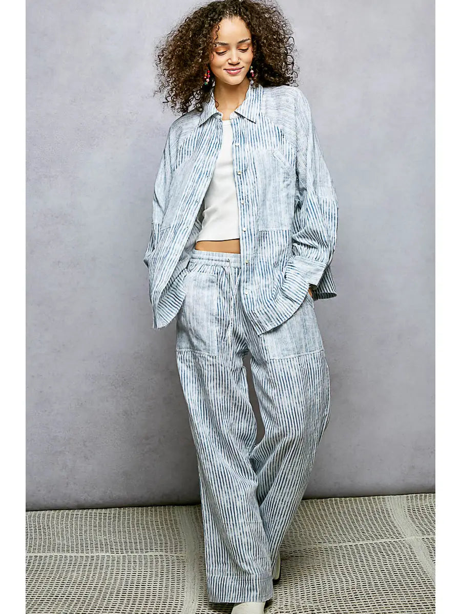 Striped Big Pocket Waist Band Straight Fit Pants