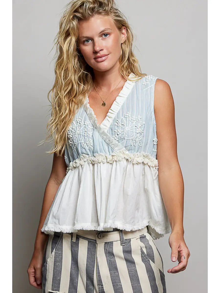V-Neck Ruffle Fringe Point Embroidery Sleeveless Woven Top