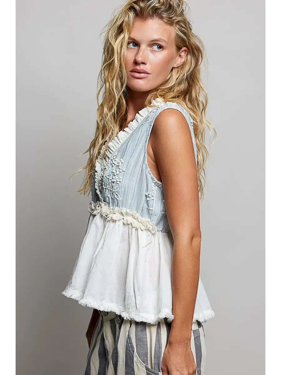 V-Neck Ruffle Fringe Point Embroidery Sleeveless Woven Top
