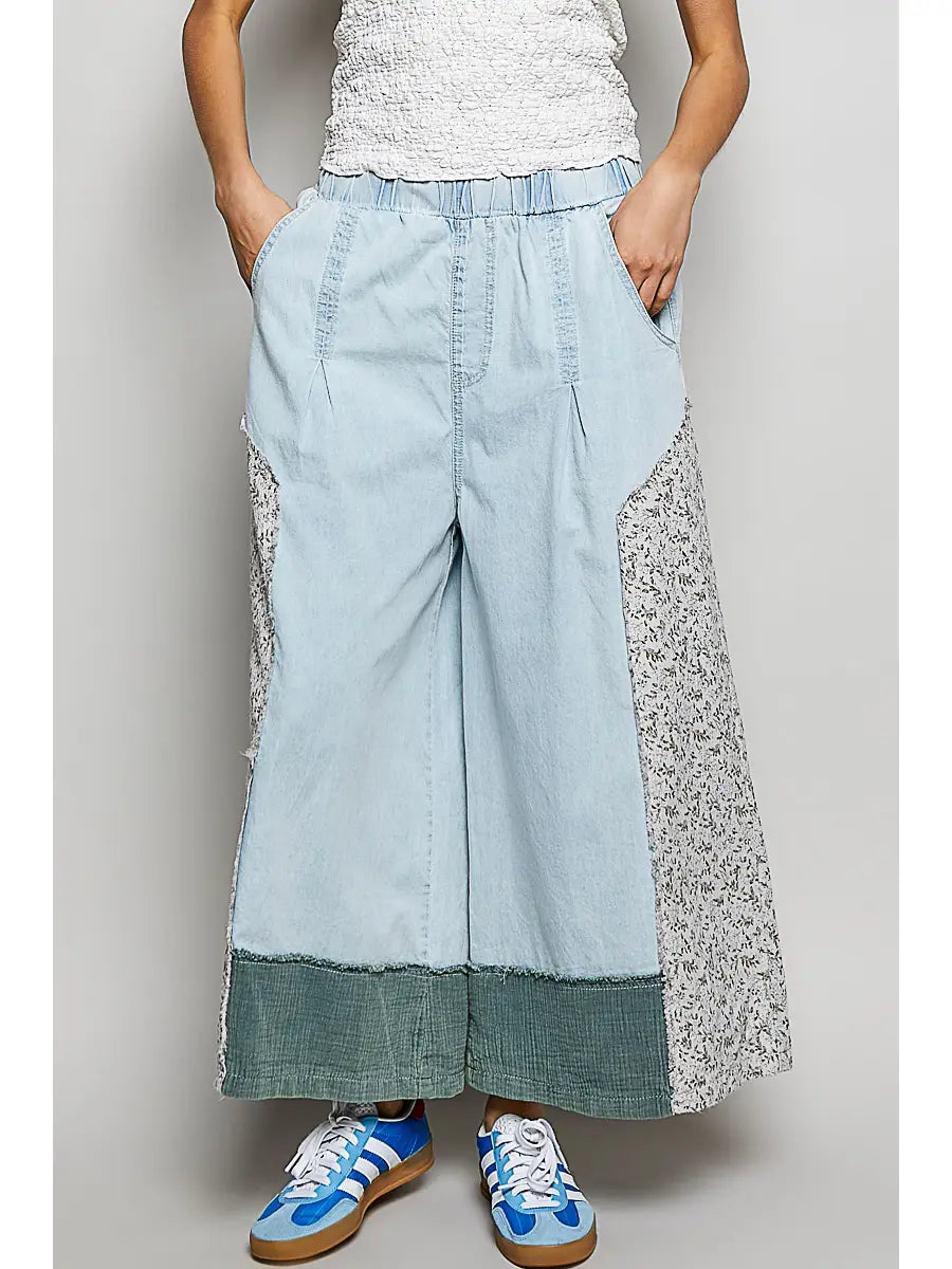 Floral Patch Elastic Waist Wide Pants