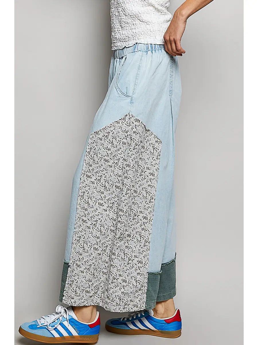 Floral Patch Elastic Waist Wide Pants
