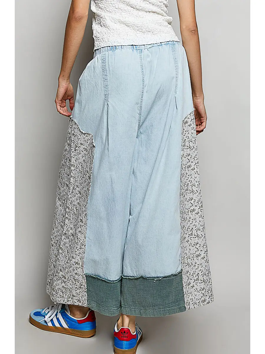 Floral Patch Elastic Waist Wide Pants