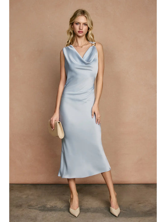 Dull Satin Off the Shoulder Ruched Midi Dress
