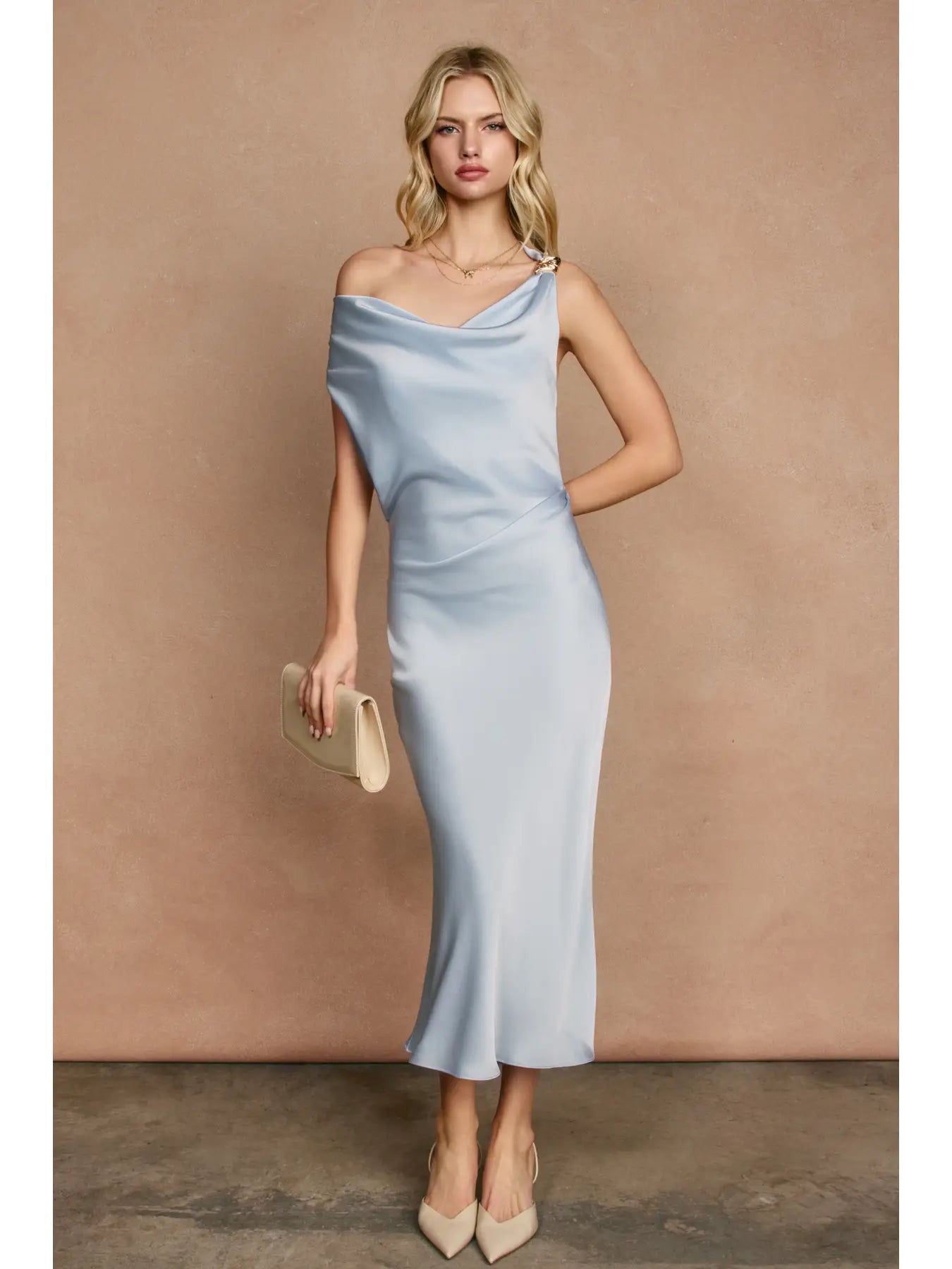Dull Satin Off the Shoulder Ruched Midi Dress