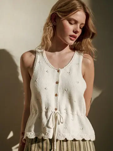 Sleeveless Button Front Scallope Hem Knit Top