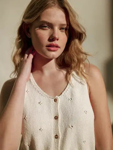 Sleeveless Button Front Scallope Hem Knit Top
