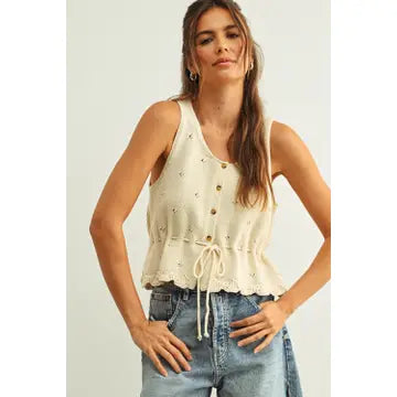 Sleeveless Button Front Scallope Hem Knit Top