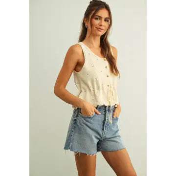 Sleeveless Button Front Scallope Hem Knit Top