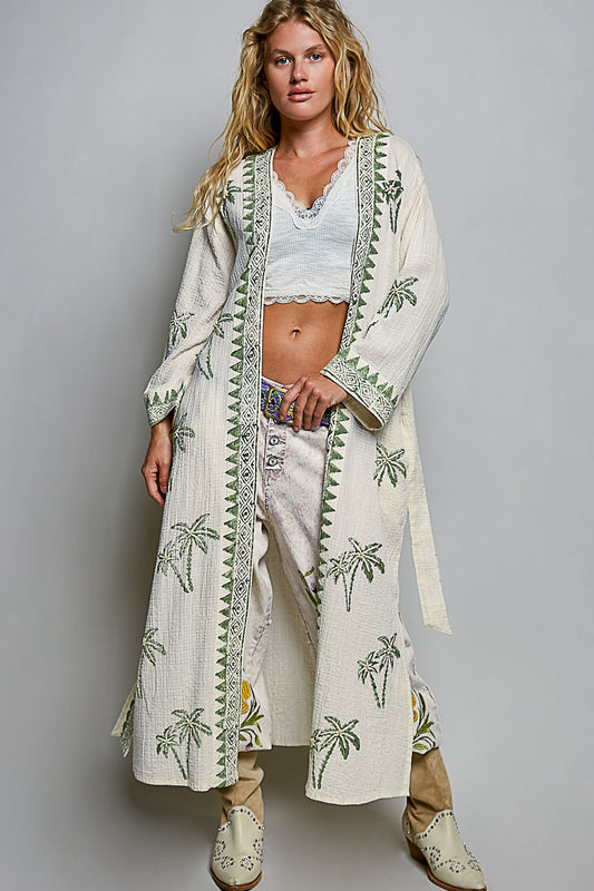 Palm Tree Beaded Belted Cotton Kimono Cardigan