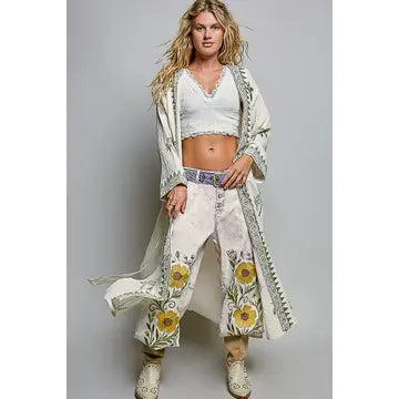 Palm Tree Beaded Belted Cotton Kimono Cardigan