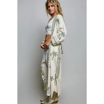 Palm Tree Beaded Belted Cotton Kimono Cardigan