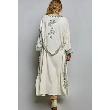 Palm Tree Beaded Belted Cotton Kimono Cardigan