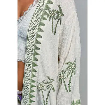 Palm Tree Beaded Belted Cotton Kimono Cardigan