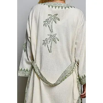 Palm Tree Beaded Belted Cotton Kimono Cardigan