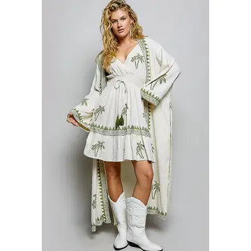 Palm Tree Beaded Belted Cotton Kimono Cardigan