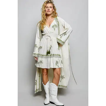 Palm Tree Beaded Belted Cotton Kimono Cardigan