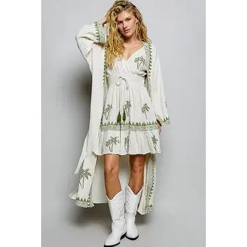 Palm Tree Beaded Belted Cotton Kimono Cardigan