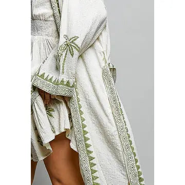 Palm Tree Beaded Belted Cotton Kimono Cardigan
