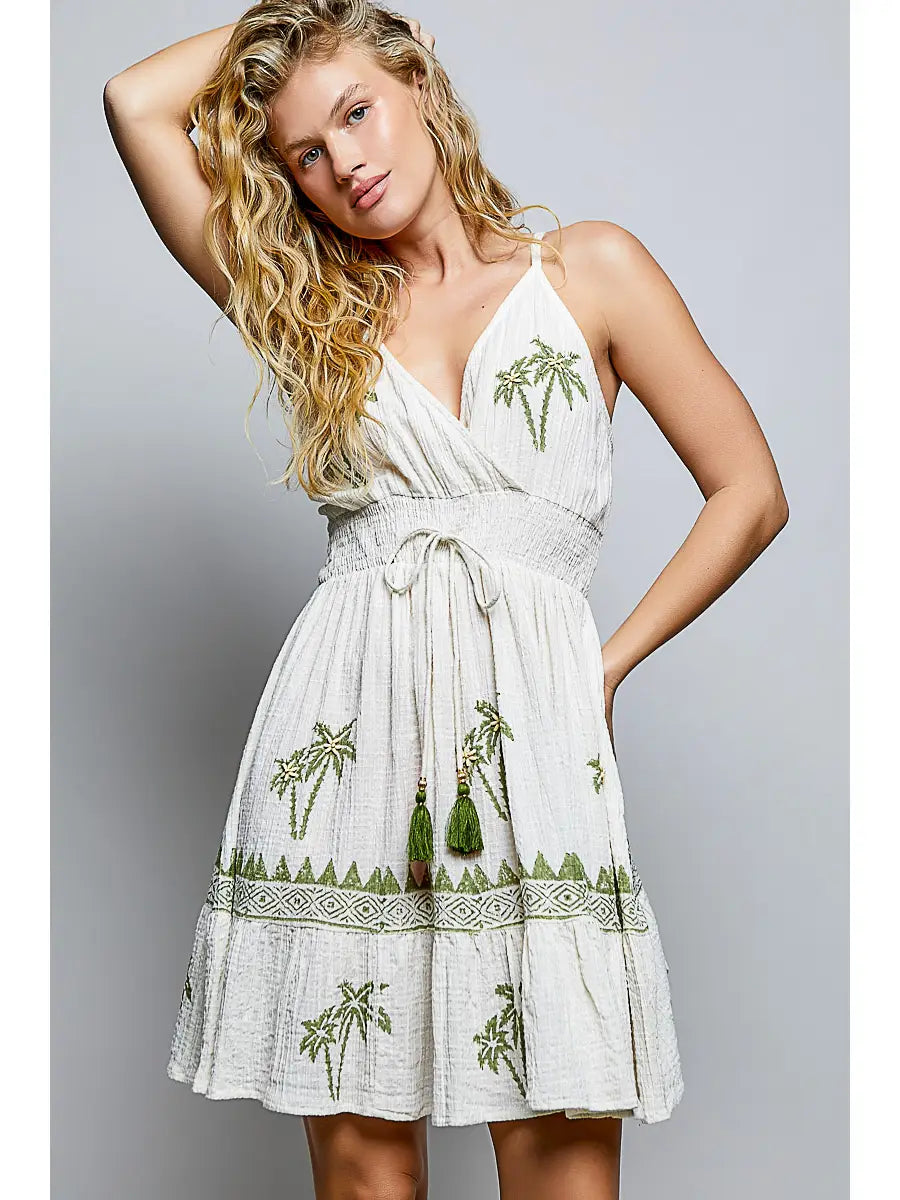 Smocked Waist Palm Beaded Wrap Bodice Dress