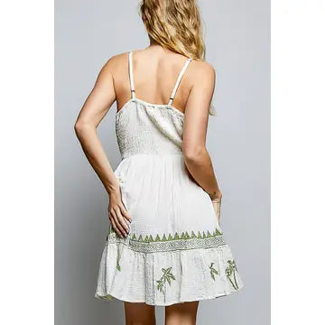 Smocked Waist Palm Beaded Wrap Bodice Dress