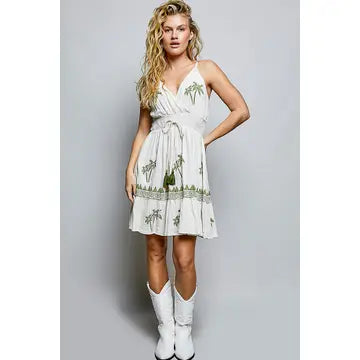Smocked Waist Palm Beaded Wrap Bodice Dress