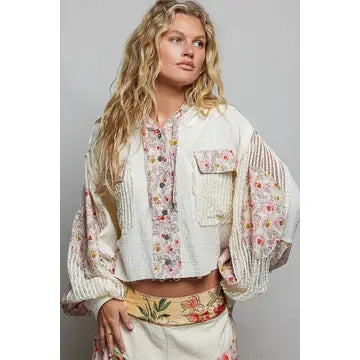 Balloon Sleeve Double Gauze Floral Placket Jacket
