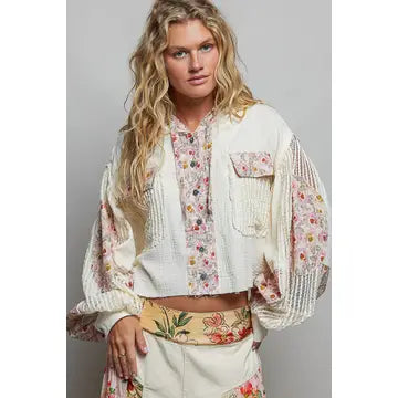 Balloon Sleeve Double Gauze Floral Placket Jacket
