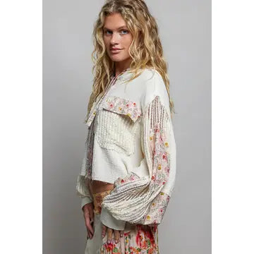 Balloon Sleeve Double Gauze Floral Placket Jacket