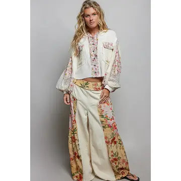 Balloon Sleeve Double Gauze Floral Placket Jacket