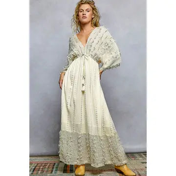 V-Neck Metal Button Down Textured Linen Solid Maxi Dress