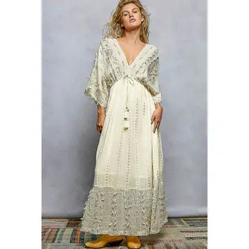 V-Neck Metal Button Down Textured Linen Solid Maxi Dress