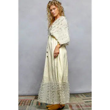 V-Neck Metal Button Down Textured Linen Solid Maxi Dress