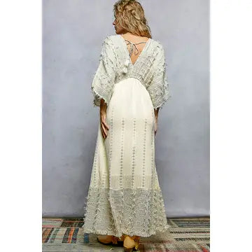 V-Neck Metal Button Down Textured Linen Solid Maxi Dress