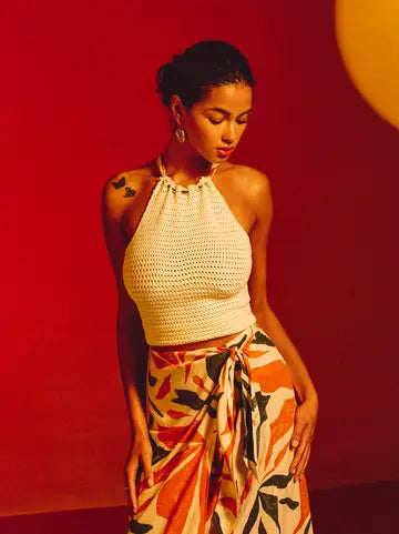 Tropical Leaf Crochet Contrast Halter Top