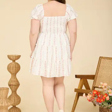 Stripe Floral Puff Sleeve Tiered Mini Dress