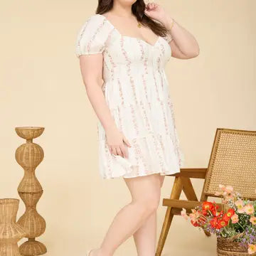 Stripe Floral Puff Sleeve Tiered Mini Dress