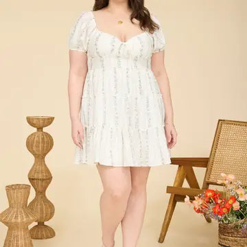 Stripe Floral Puff Sleeve Tiered Mini Dress