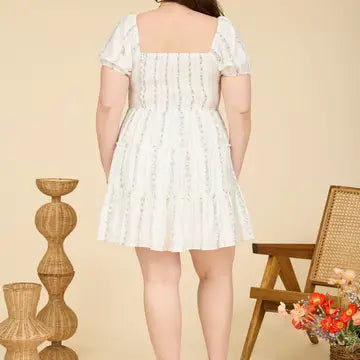 Stripe Floral Puff Sleeve Tiered Mini Dress