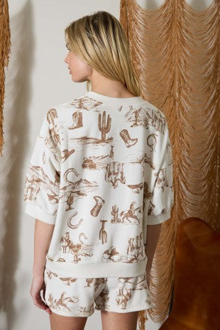 Western Print Short Sleeve Drop Shoulder Knit Top