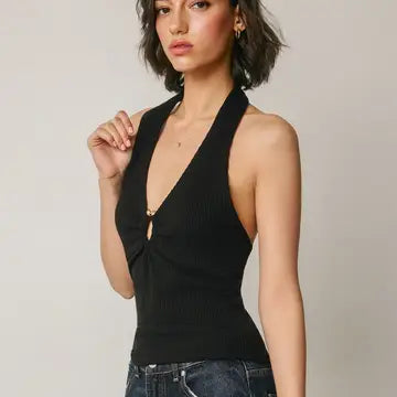 Plunging Gold Trim Halter Top