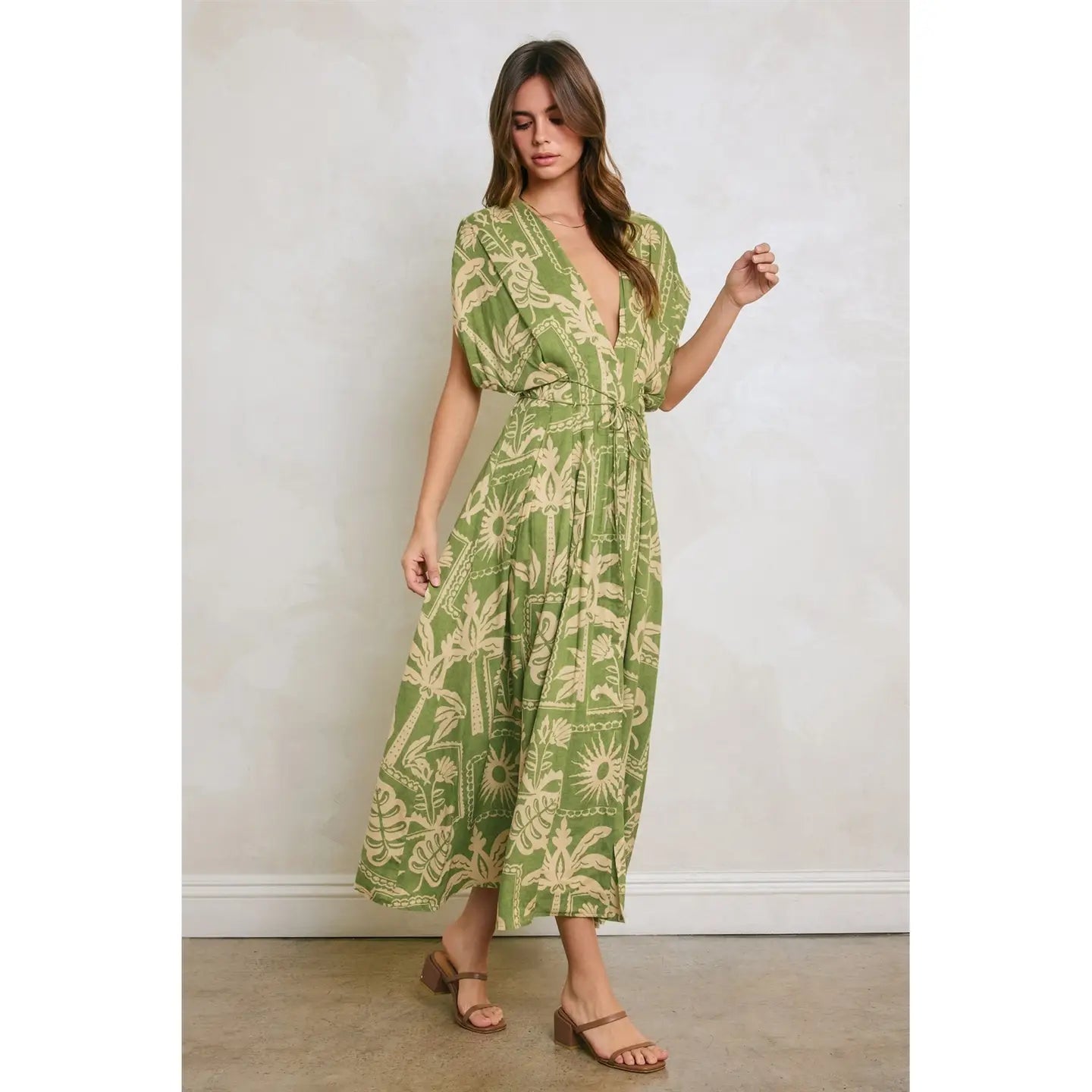 Tropical Conversational Pleated Cinch Waist Midi Dress