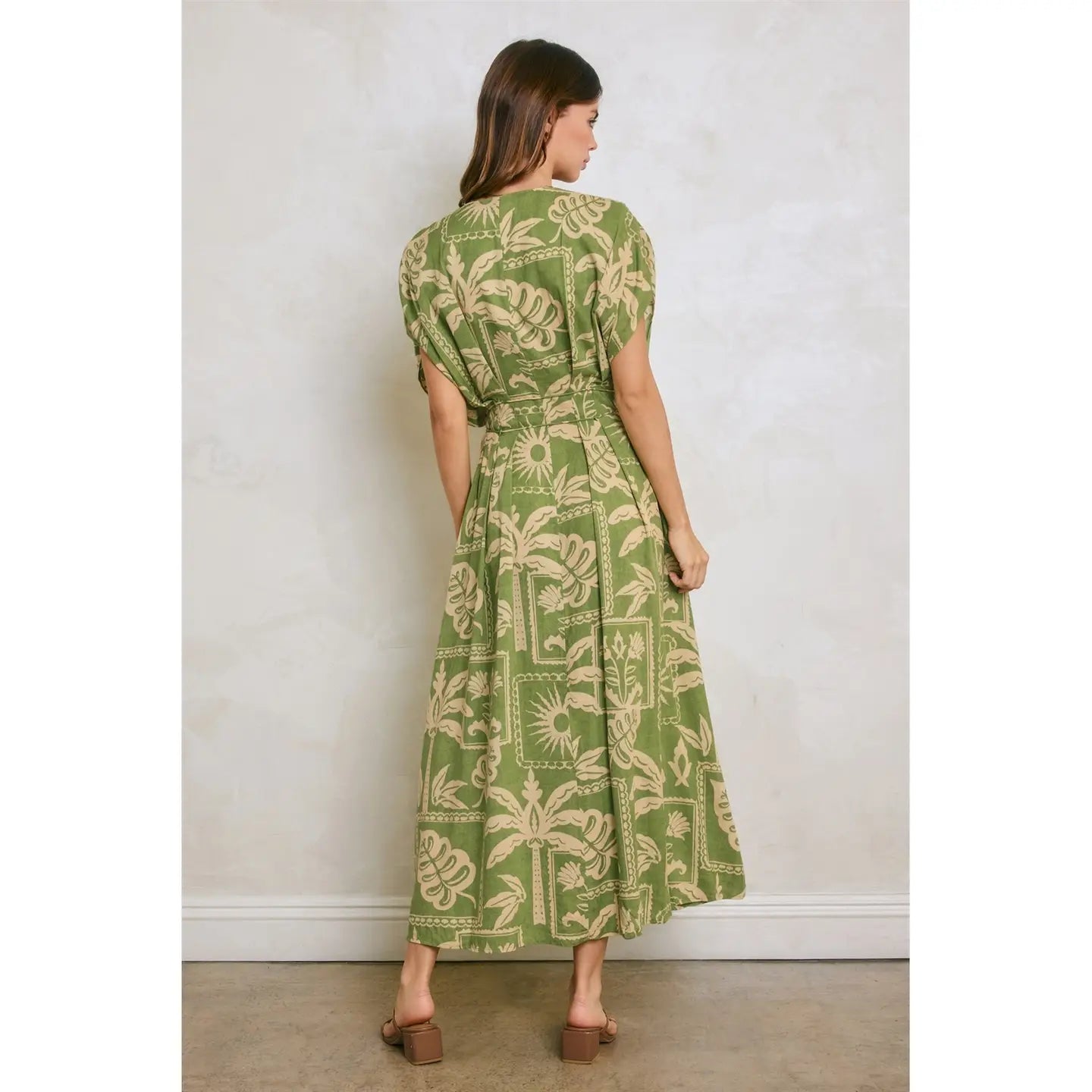 Tropical Conversational Pleated Cinch Waist Midi Dress