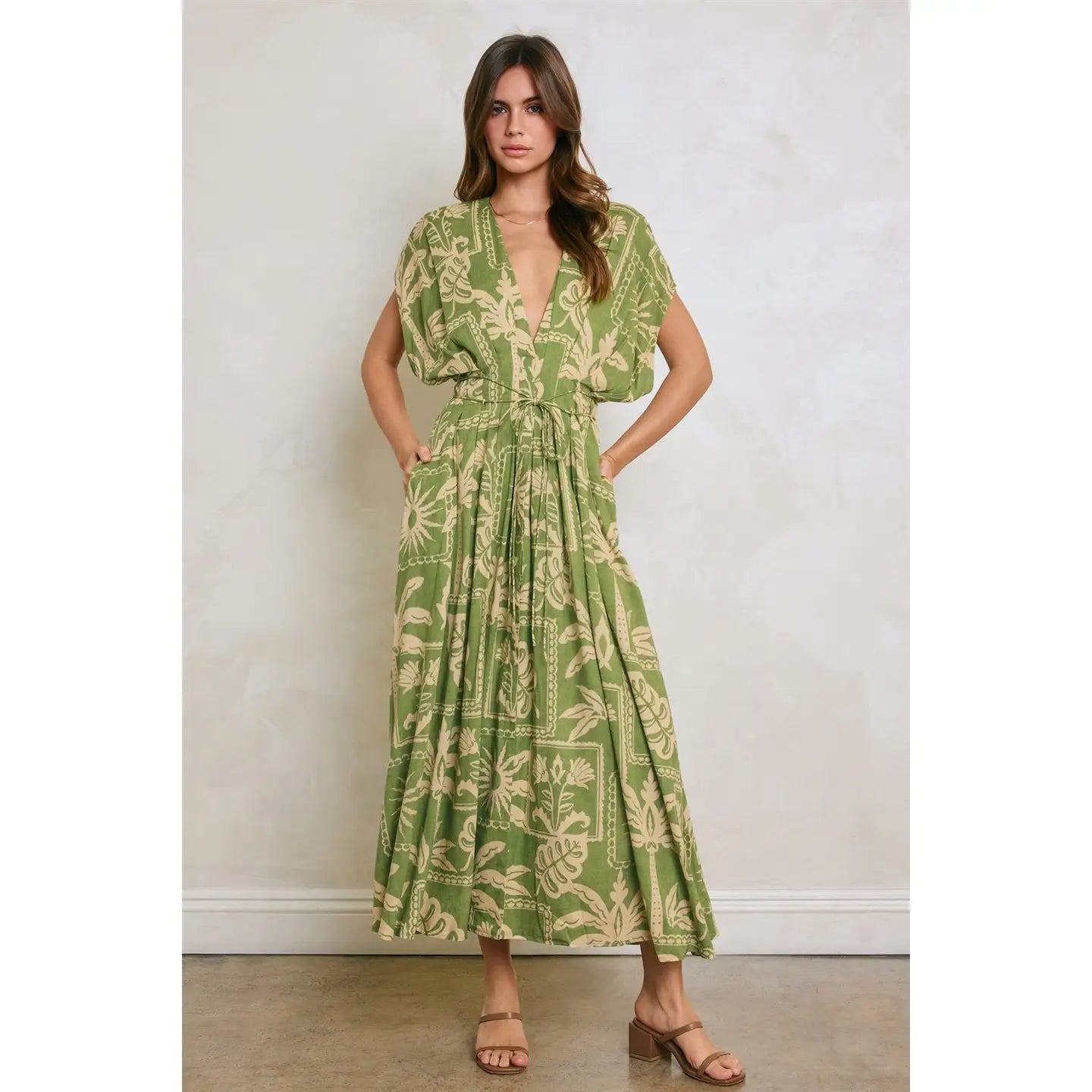 Tropical Conversational Pleated Cinch Waist Midi Dress