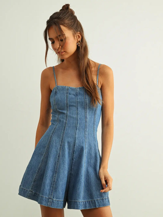 Paneled Washed Denim Romper