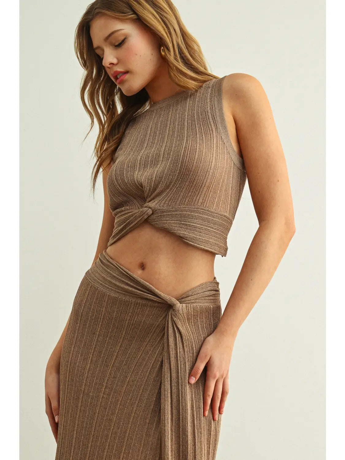Ribbed Twist Front Sleeveless Knitted Crop Top