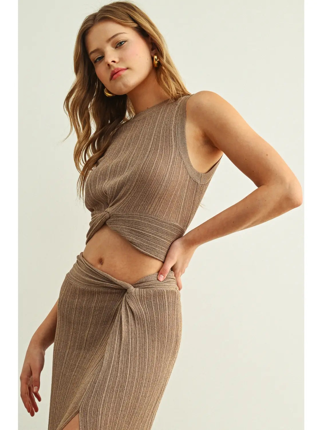 Ribbed Twist Front Sleeveless Knitted Crop Top