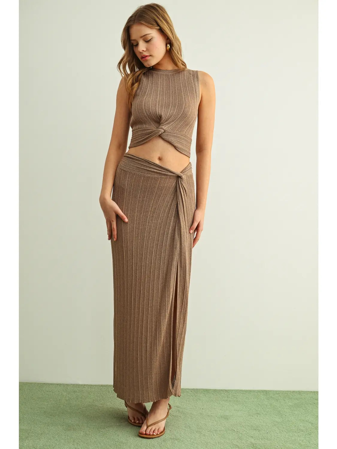 Ribbed Twist Front Sleeveless Knitted Crop Top