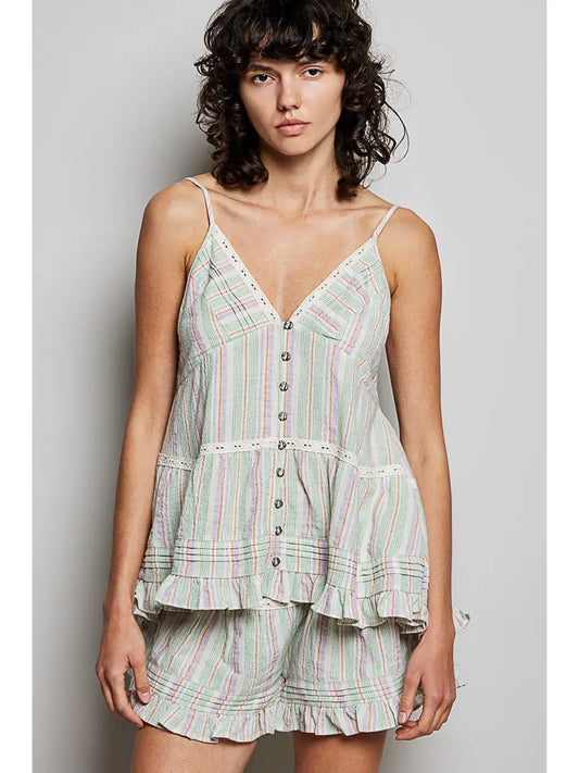 Floral Cotton Pintuck Ruffle Button Down Cami Top