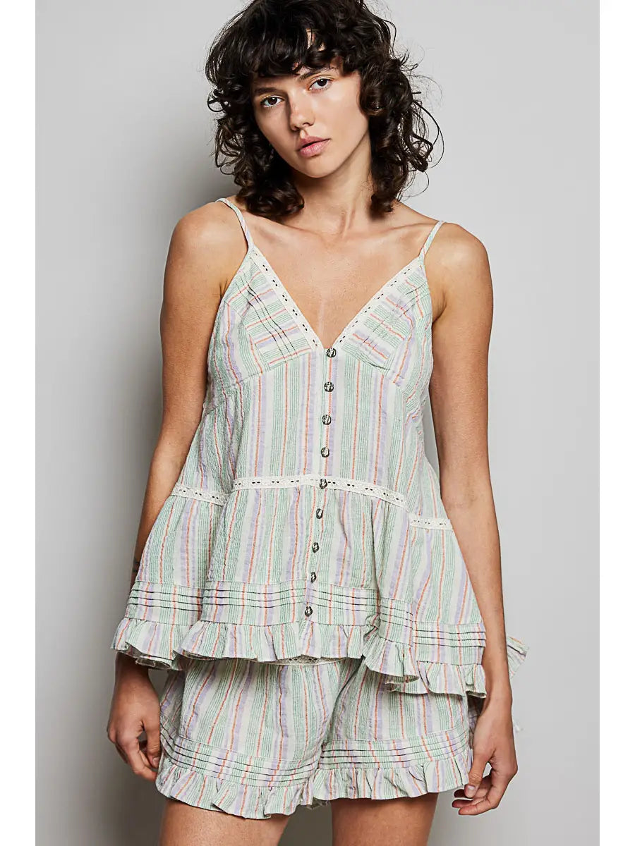 Floral Cotton Pintuck Ruffle Button Down Cami Top