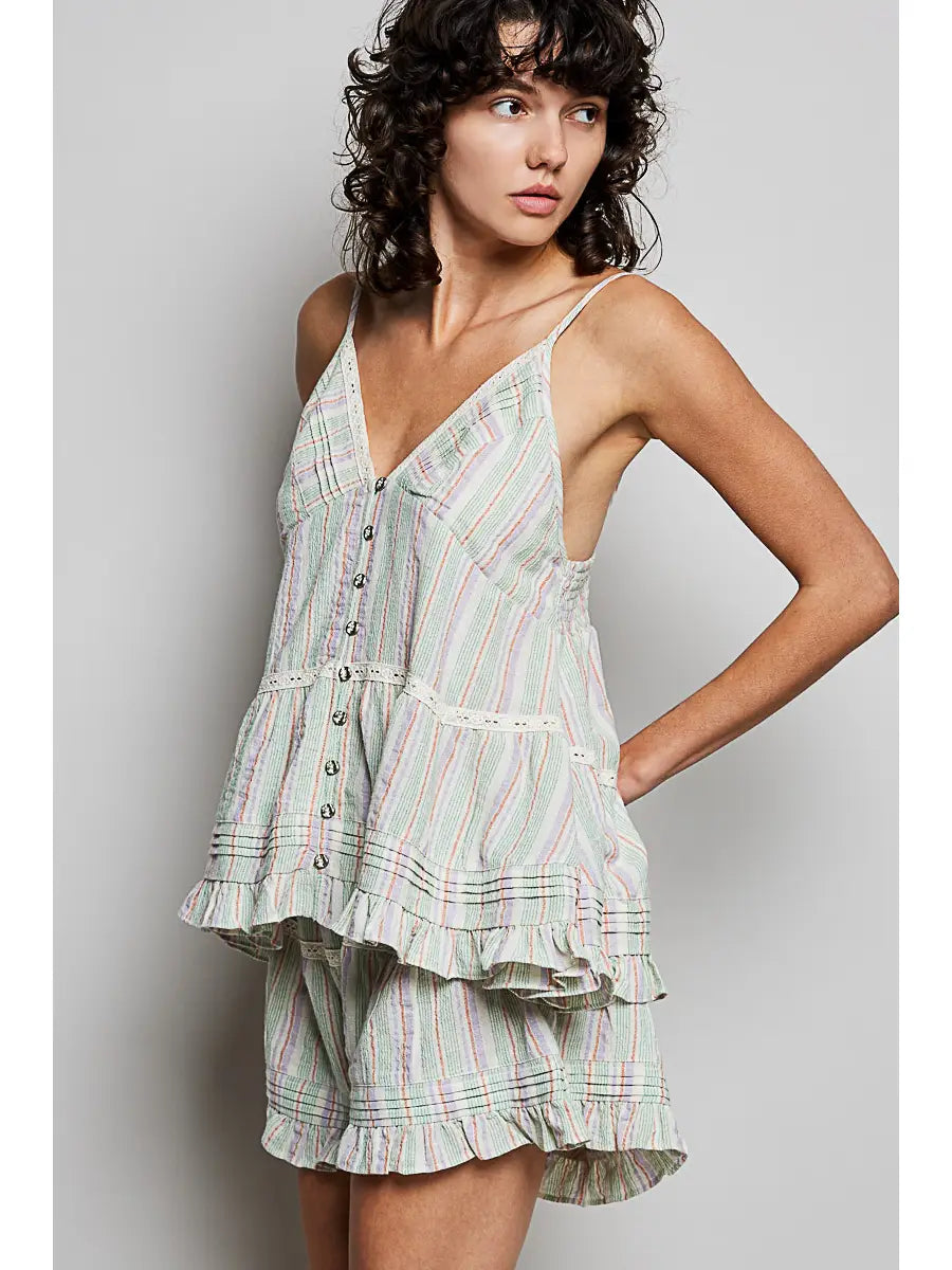 Floral Cotton Pintuck Ruffle Button Down Cami Top